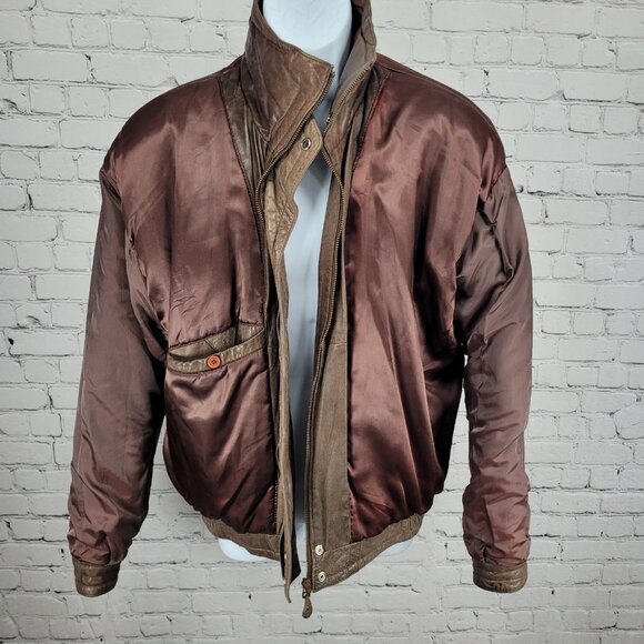 VTG Aggio Brown Genuine Soft Leather Full Zip Snap Pockets Bomber Jacket Large L - Picture 9 of 16